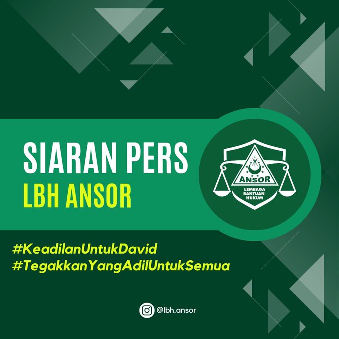 Siaran Pers LBH Ansor <a href="/Official_Ansor/">Gerakan Pemuda Ansor</a>
untuk Kasus Penganiayaan berat terhadap David !!
#KawalDavid
#KeadilanUntukDavid
#TegakkanYangAdilUntukSemua