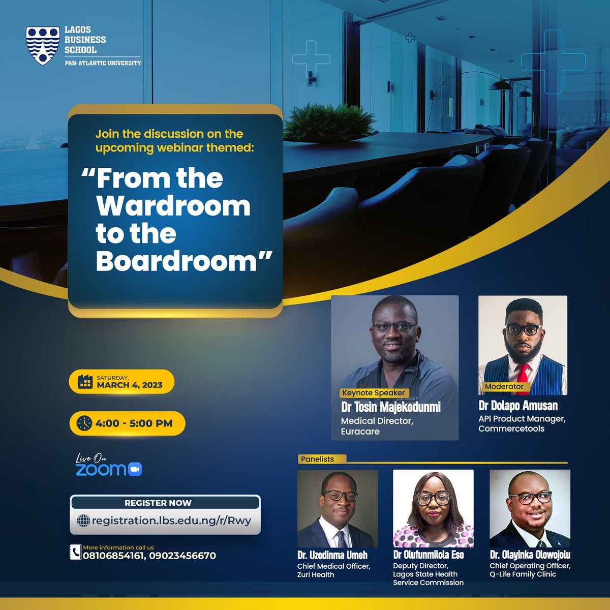 Have you ever considered the business aspect of healthcare and how it affects your practice?

Join this  webinar, "From the Wardroom to the Boardroom."
Register now: registration.lbs.edu.ng/r/Rwy

Date: Saturday, March 4, 2023
Location: Online (Zoom)
Time: 4:00 pm - 5:00 pm