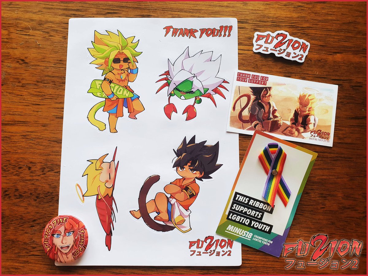 DBFusionZine's tweet photo. All orders of Fusion Zine will come with the following freebies;
- Sticker sheet
- Mini pin
- Thank you card
- Fusion Zine 2 sticker
- Minus18 donation ribbon!

Artwork from @auraisbad and @Rykun_DSZ 

Thank you for your paitence, we are excited to ship them to you ASAP!!

7/7 https://t.co/0CIOghzKdV