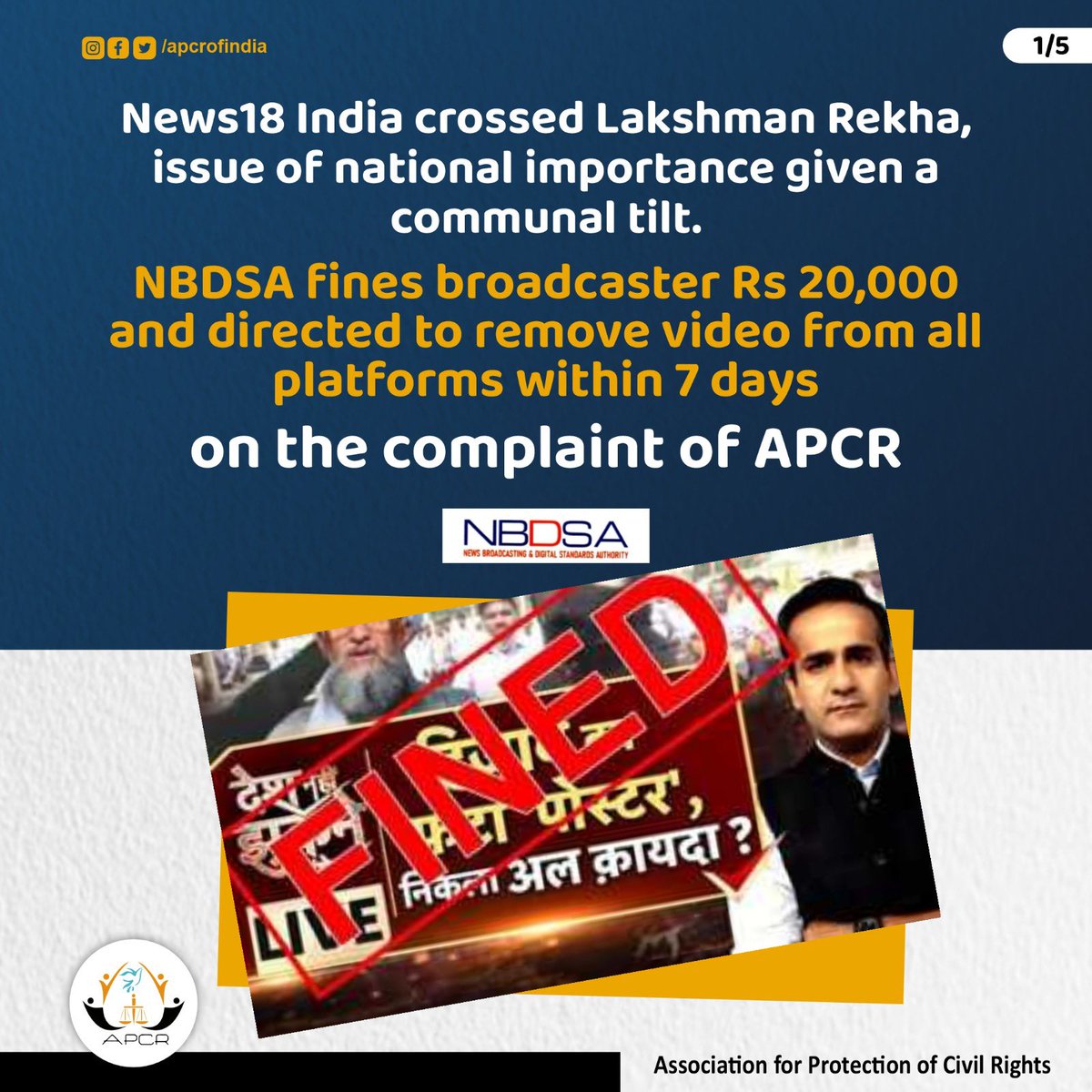 We went to court against Aman Chopra's Ghazwa-e-Hind program on News18. After many days of struggle, today the court has given a fine of 20 thousand and directed to remove that entire episode. The punishment is less but the struggle continues on these conditions  #APCR