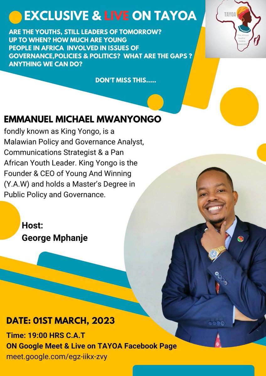 YAW_Org's tweet photo. Catch our CEO @KingYongo tonight from 7 PM CAT. Details on poster. https://t.co/GFXwd9T4hL
