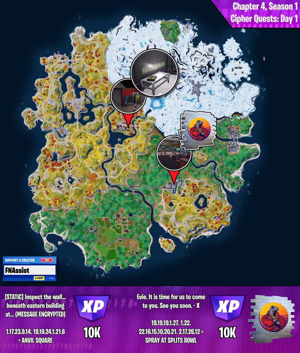 FN_Assist's tweet photo. [Guide] #Fortnite Ch.4 Season 1: Cipher Quests Part 1

XP: 20k
Reward: Distant Roar Spray

1.17.23.9.14. 19.19.24.1.21.6 = ANVIL SQUARE

19.19.19.1.27. 1.22. 22.16.15.10.20.21. 2.17.26.12 = SPRAY AT BOWL SPLITS

Use creator code 'FNAssist' in the Item Shop! https://t.co/fWBe9MnsdO