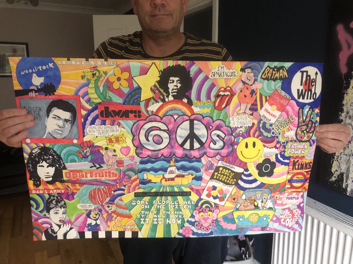 1960's retro painting by Paul Halmshaw available in signed limited edition print £50 pluspostage. #art #60s #1960s #60smusic #popculture #beatles #rollingstones #woodstock #hippy #flowerpower #colour #nft #anime #cartoonart #marvel #comics #popart #theddors #jimihendrix #60sart