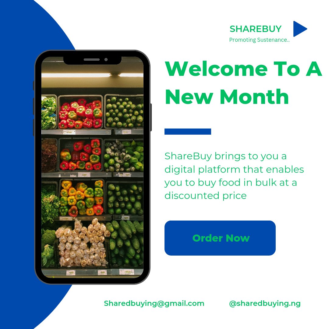 New Day 
New week
New Month

What's your eating mood today?Choose the quality of food that awaits you...Food made from the heart
Think Food Think Us...

SHAREBUY 
PROMOTING SUSTENANCE
#sharebuy
#onlinemarketinowerri
#likeandfollow
#onlineshopping
#buyinbulk
#foodcommunity
#food