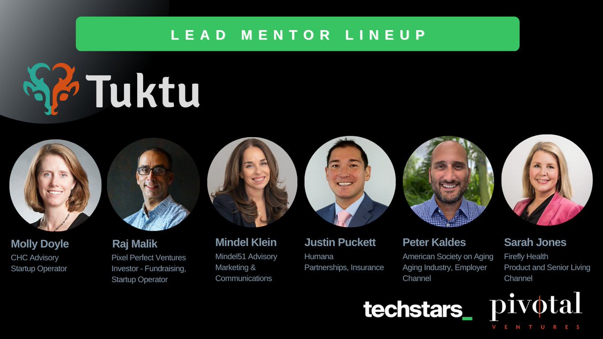 Today is Day 6 of our 10-day campaign to spotlight the Lead Mentor Lineup for each of our #TSLongevity companies. <a href="/CareTuktu/">Tuktu Care</a> is delighted to work with Molly Doyle, Rajeev Malik, Mindel Klein, Justin Y. Puckett, Peter Kaldes, and Sarah Jones. 

<a href="/Techstars/">Techstars</a> 
<a href="/pivotalventures/">Pivotal Ventures</a>