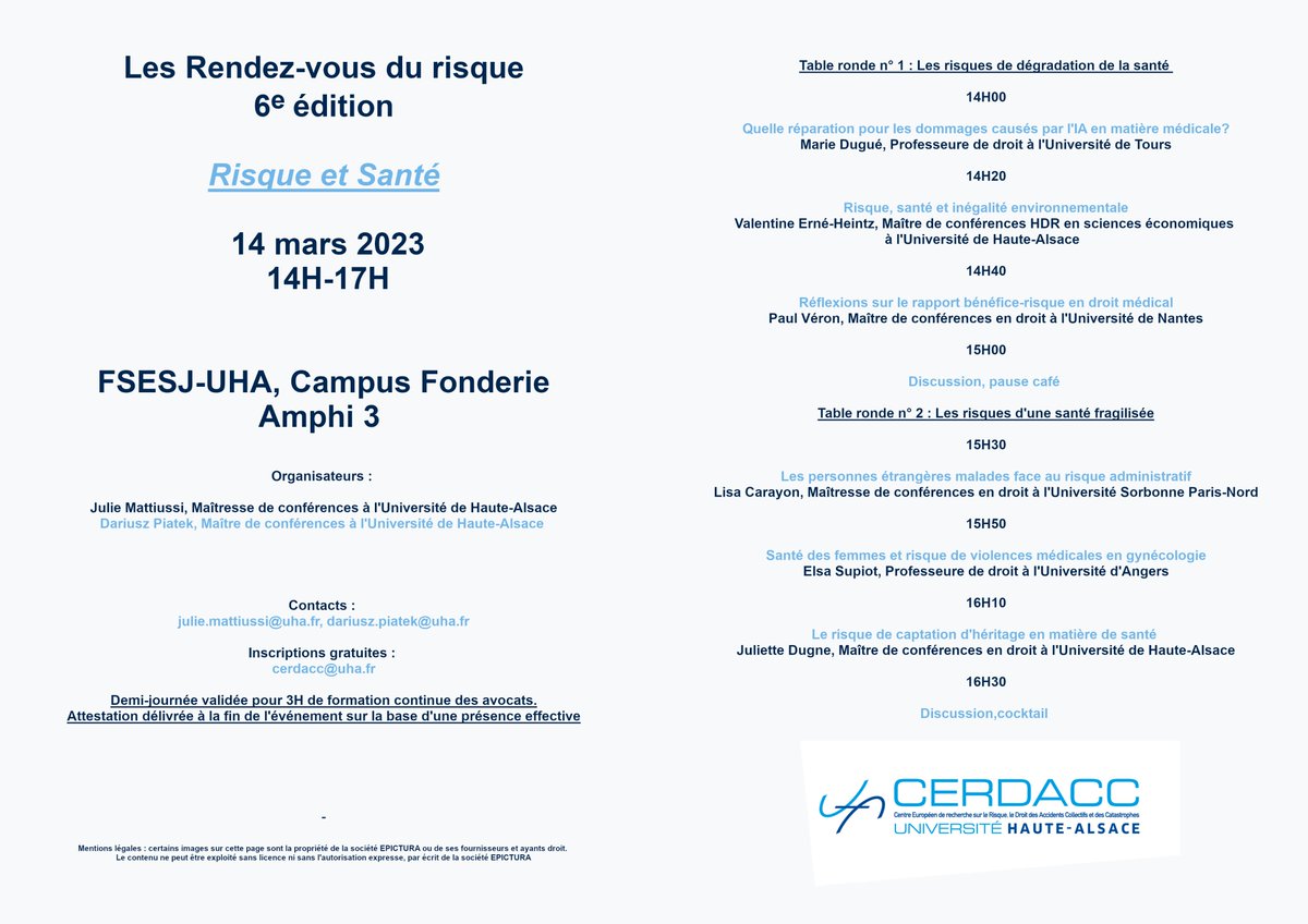 Venez nombreux, CERDACC Université de Haute-Alsace organise la 6ème édition des Rendez-vous du risque. Cette année sous le thème "Risque et Santé". RV le 14 mars ! Encore quelques jours pour s'inscrire.