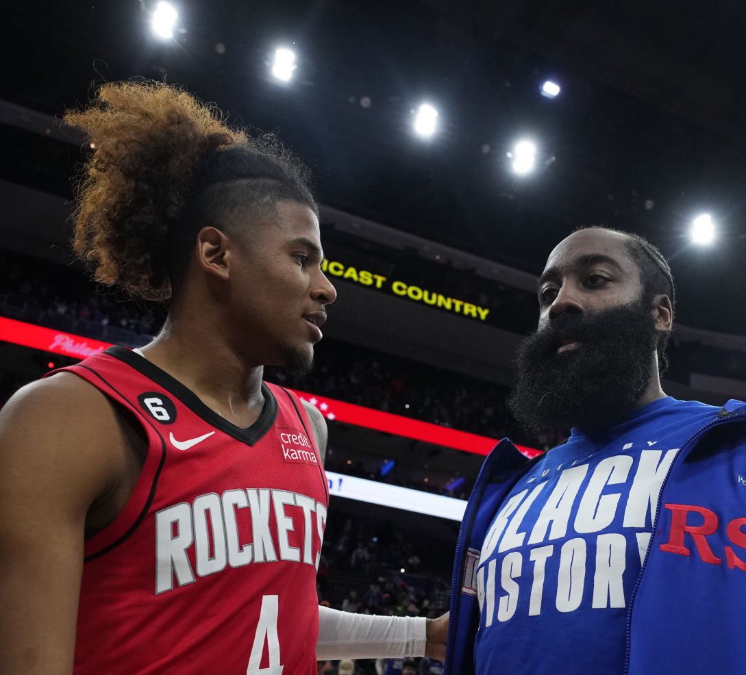 TheDunkCentral's tweet photo. James Harden is ‘serious’ about a possible return to Houston as he was when he left town, per @sam_amick &amp; @KellyIko 

“Sources say Harden is extremely fond of their collection of talent, notably second-year guard Jalen Green.” 

(Via https://t.co/QSe63yCgRq) https://t.co/M9mLINYyNH