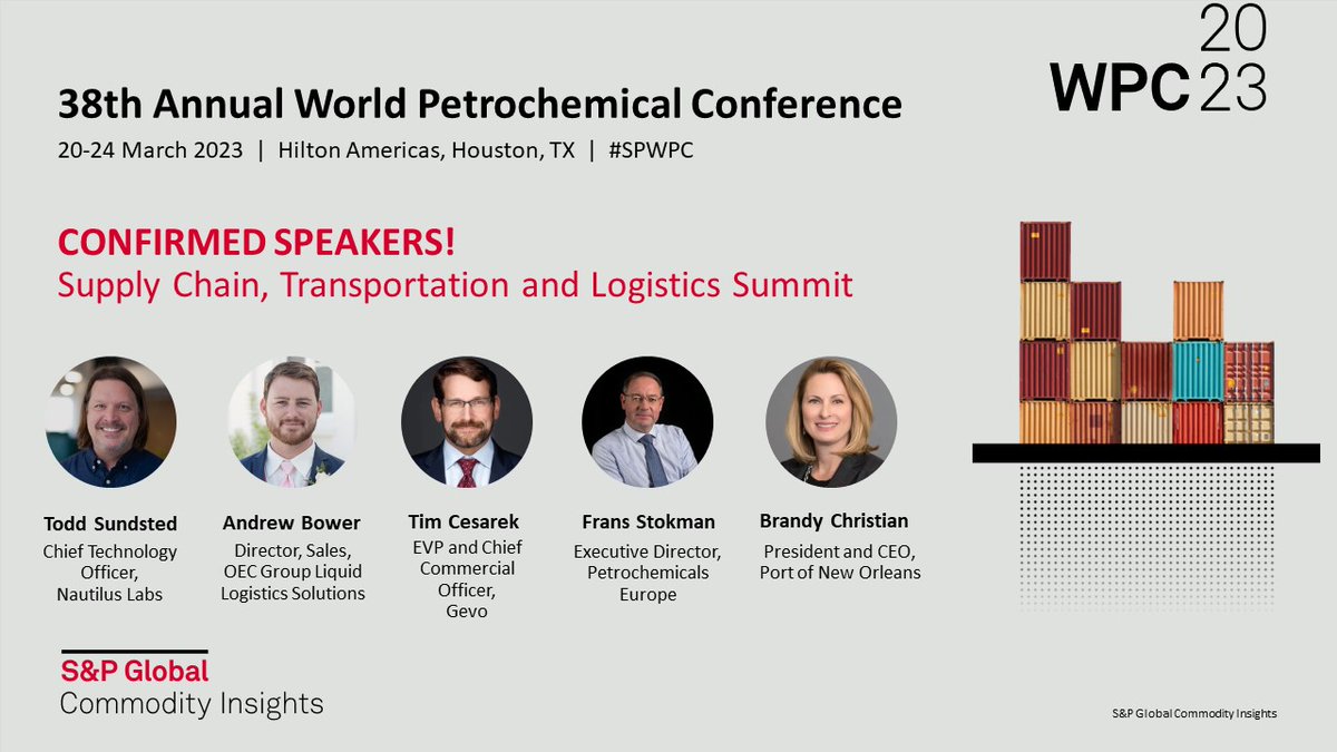 S&P Global Commodity Insights Petrochemical (@spgcipetchems) on Twitter photo #SPWPC - CONFIRMED Speakers for the #SupplyChain, #Transportation and #Logistics Summit at WPC 2023!
- Todd Sundsted <a href="/NautilusLabs1/">Nautilus Labs powered by Danelec</a>
- Andrew Bower <a href="/OECGroup/">OEC Group</a>
- Tim Cesarek <a href="/Gevo_Inc/">Gevo, Inc.</a>
- Frans Stokman <a href="/EUPetro/">Petrochemicals EU</a>
- Brandy Christian <a href="/PortNOLA/">Port of New Orleans</a>
Register: okt.to/dpgDfH
#TPM23 #SPWPC - CONFIRMED Speakers for the #SupplyChain, #Transportation and #Logistics Summit at WPC 2023!
- Todd Sundsted <a href="/NautilusLabs1/">Nautilus Labs powered by Danelec</a>
- Andrew Bower <a href="/OECGroup/">OEC Group</a>
- Tim Cesarek <a href="/Gevo_Inc/">Gevo, Inc.</a>
- Frans Stokman <a href="/EUPetro/">Petrochemicals EU</a>
- Brandy Christian <a href="/PortNOLA/">Port of New Orleans</a>
Register: okt.to/dpgDfH
#TPM23