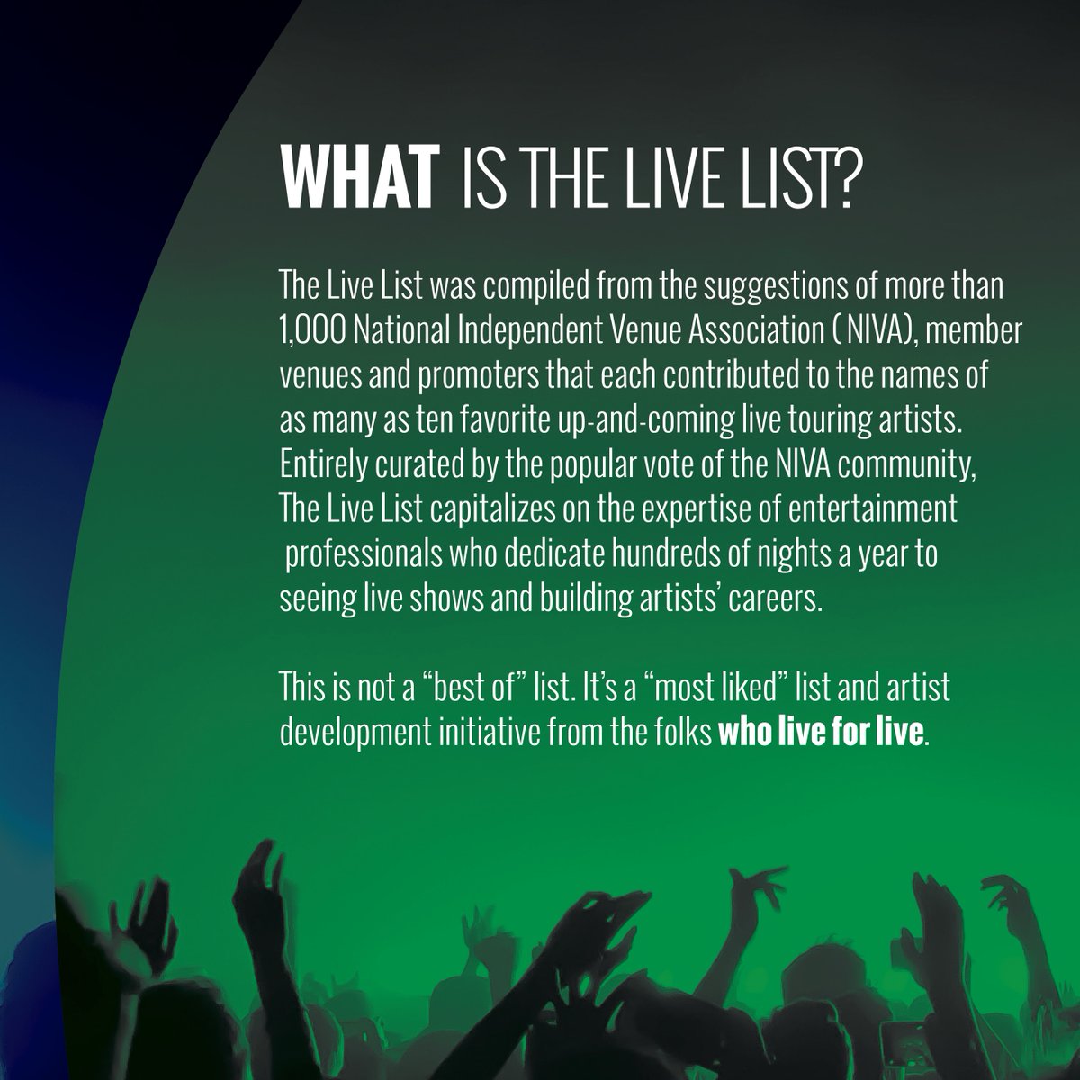 nivassoc's tweet photo. Introducing: THE LIVE LIST

@NIVAssoc and @TheBlckLst partnered to produce the definitive list of independent entertainment industry insiders’ favorite live performers as voted on by 1,000+ NIVA members.

Discover the most exciting up-and-coming live acts and established artists.