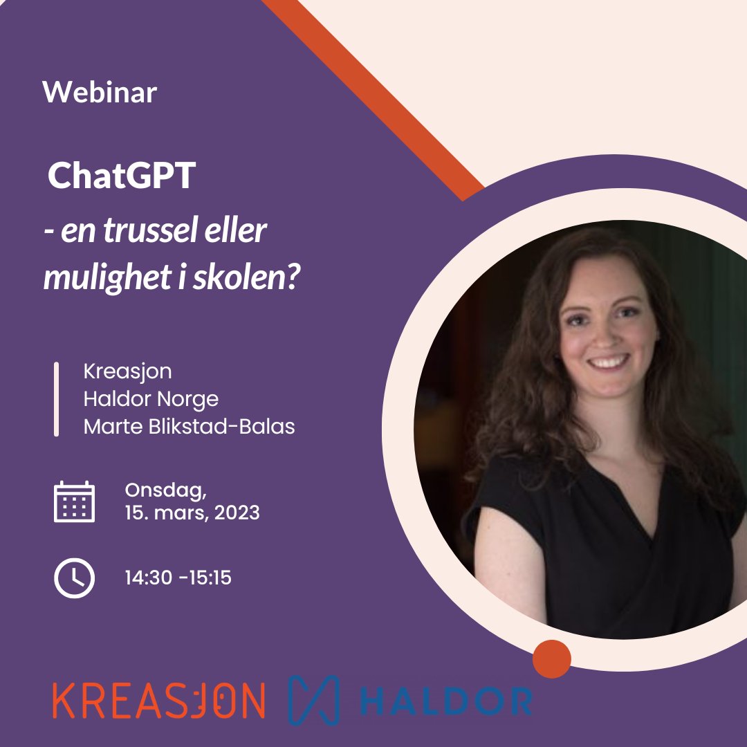 🚀 Hvordan kan du som lærer eller skoleleder møte utviklingen og tenke AI i forhold til elevenes læring? Ikke gå glipp av dette  webinaret 15. mars sammen med Marte Blikstad-Balas, Kreasjon og Haldor!
bit.ly/3mhZPEh