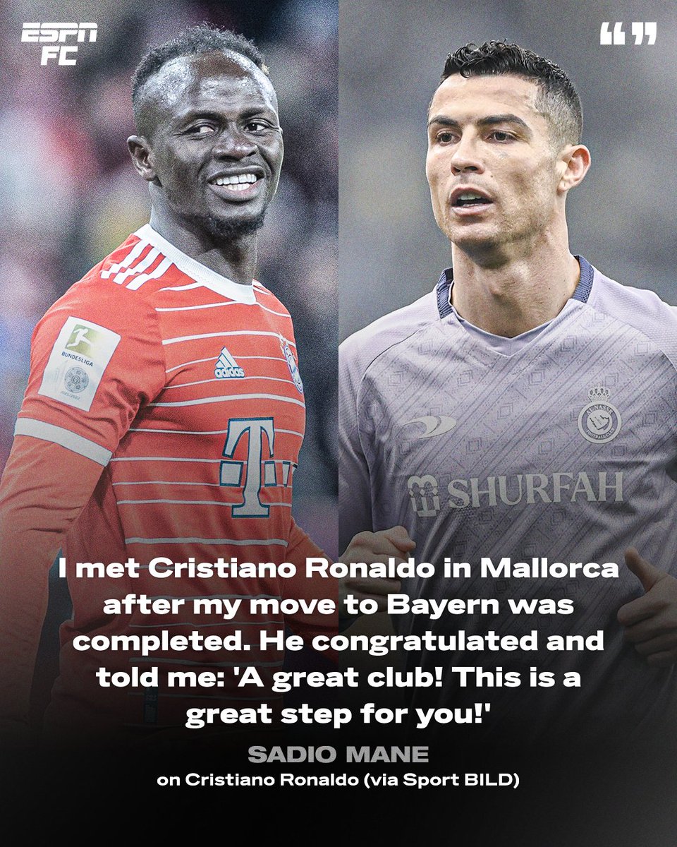 ESPNFC's tweet photo. Sadio Mane revealed that Cristiano Ronaldo congratulated him on his move from Liverpool to Bayern Munich ❤️ https://t.co/O7WFVOAU5x