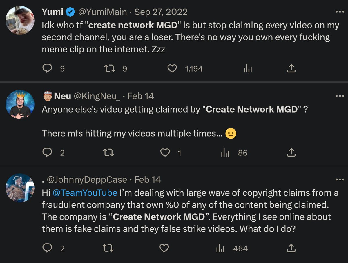 InfernoOmni's tweet photo. getting falsely copyright striked by some group named Create Network MGD. they go around claiming content that isn't theirs, reject any appeals, and steal the revenue from the videos. i am quite literally powerless to this form of theft because YouTube won't protect its creators. https://t.co/p7GoJcbtVs