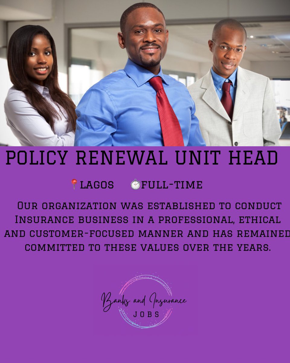 BanksInsurJobs's tweet image. ‼️LAST CHANCE TO APPLY‼️

POLICY RENEWAL UNIT HEAD
🎓 B.s.c. Degree in any discipline.
🗓️ Deadline to apply: 3rd March 2023

Read more and apply: banksandinsurancejobs.com/job/policy-ren…

#insurancejobs #Lagostalks #vacancies #JobseekersWednesday #jobhunting #Nigeria #JobHelp