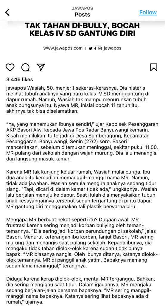 ‼️TW: Suicide/Bullying‼️

My heart broke to pieces reading this. 

Bayangkan, dirundung karena bapaknya meninggal sampai akhirnya bundir. 😢