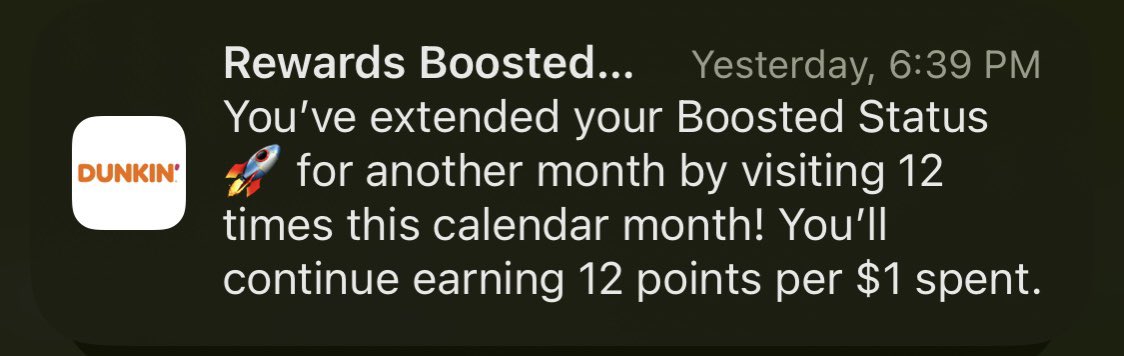 Very proud. Short month. 😅 🏆 #JustInTime #BelieveToAchieve #Believe #Achieve #February #MonthInReview #Dunkin #RewardsBoosted #Rewards #Boosted #BoostedStatus 🚀