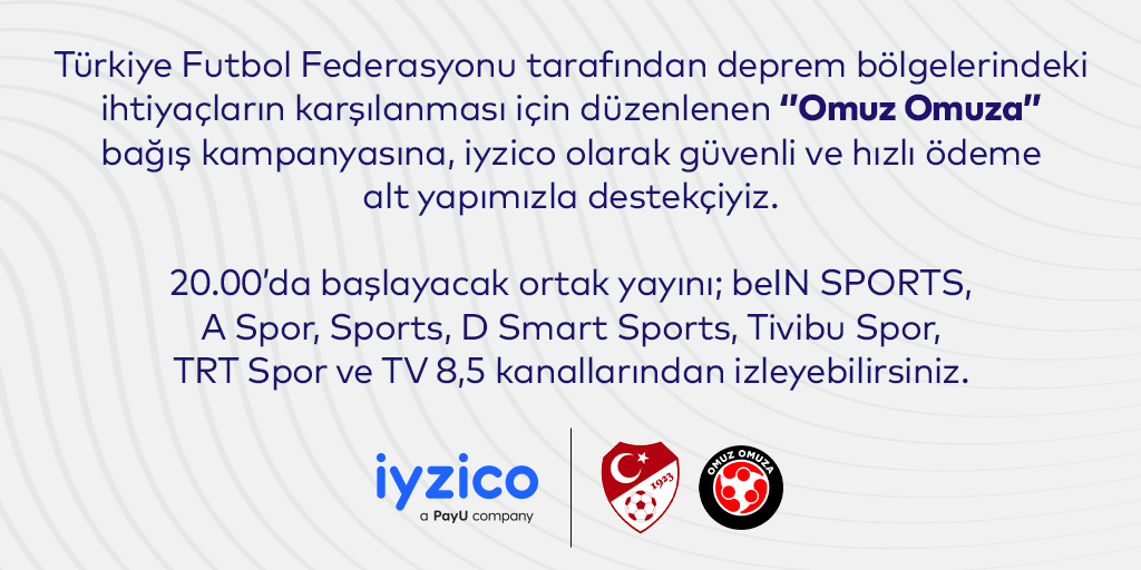 iyzico olarak, Türkiye Futbol Federasyonu tarafından deprem bölgelerindeki ihtiyaçların karşılanması için düzenlenen ‘’Omuz Omuza’’ bağış kampanyasına, güvenli ve hızlı ödeme alt yapımızla destekçiyiz.