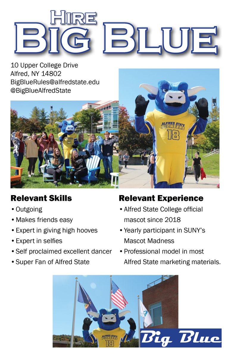 AlfredStateNews's tweet photo. Big Blue is ready for the career fair - are you?

#AlfredState Career Fair is today (3/1) from Noon - 3 p.m. in the Orvis Gymnasium https://t.co/H9A1QDXOMH