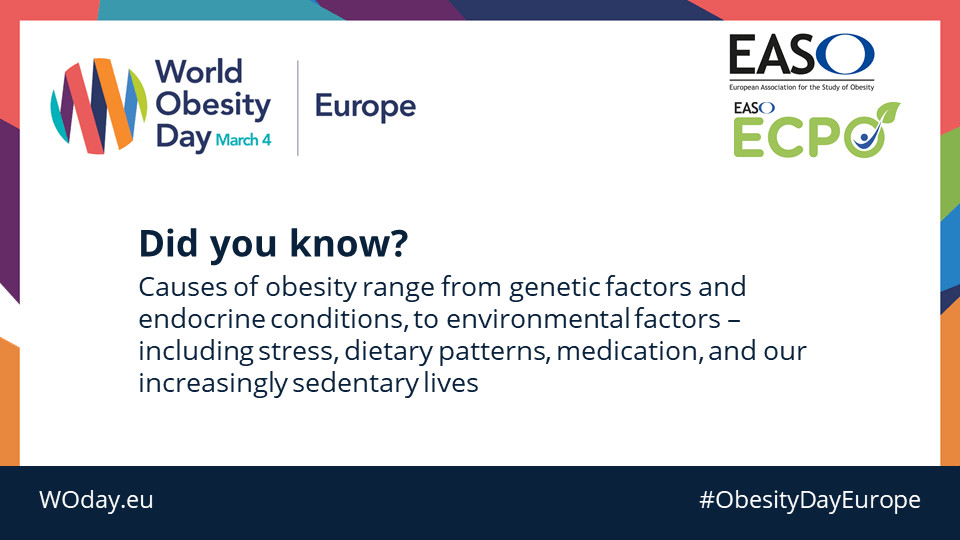 Stop obesity stigma 🚫

Obesity is a disease, not a lifestyle choice. Causes of #obesity include genetic + environmental factors including stress, diet and sedentary working patterns. 
Join the conversation on <a href="/ObesityDayEU/">Obesity Day Europe</a> 4th March

#WorldObesityDay
#ObesityDayEurope