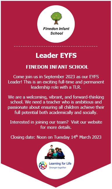 An exciting Leadership opportunity has arisen in our welcoming, vibrant school. If you would like to know more about this EYFS Leader vacancy please visit finedon.northants.sch.uk/about-us/job-v…