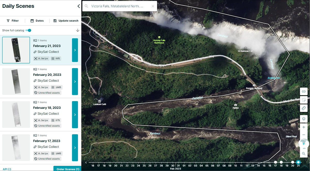 Nick_Everard's tweet photo. If at first you don't succeed.....
Try, try & try again!
4th time lucky for a beautiful clear @planet #SkySat shot of increasing flows at Victoria Falls.
Now, can we work out flow rates...?
Thanks @esa #Earthnet for the data allowance!
#EO4Hydro #FluViSat
@UK_CEH https://t.co/gEI0q16A7Q