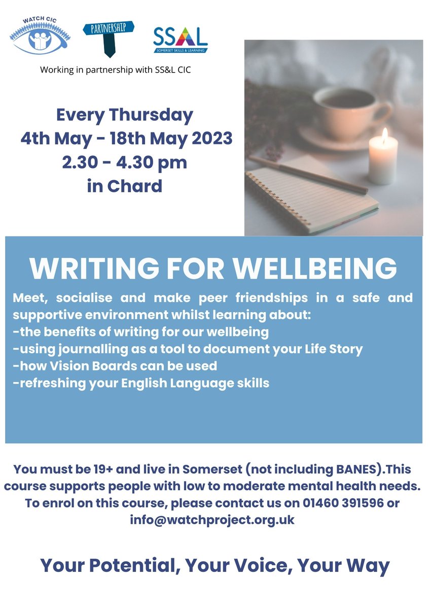 TheWATCHProject's tweet image. Places are now available on our FREE Writing For Wellbeing course which starts this May in Chard.

Please contact info@watchproject.org.uk or call 01460 391596 to enrol.