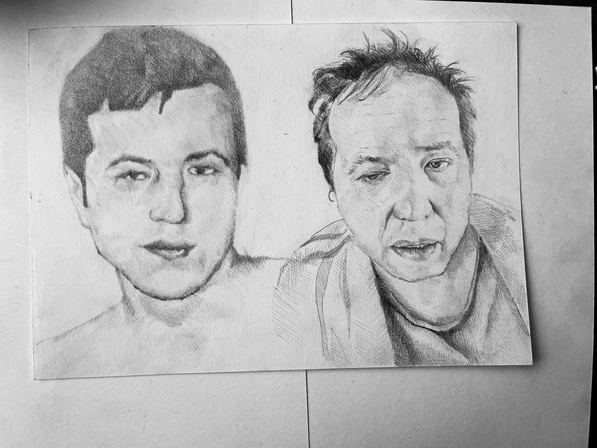 More portraits of me by Nick Tibbitts. One of me a bit younger, the other more recent, dishevelled look of schizoid delirium, dosed up void of blurred fuzz, emptiness of dissolved mind.