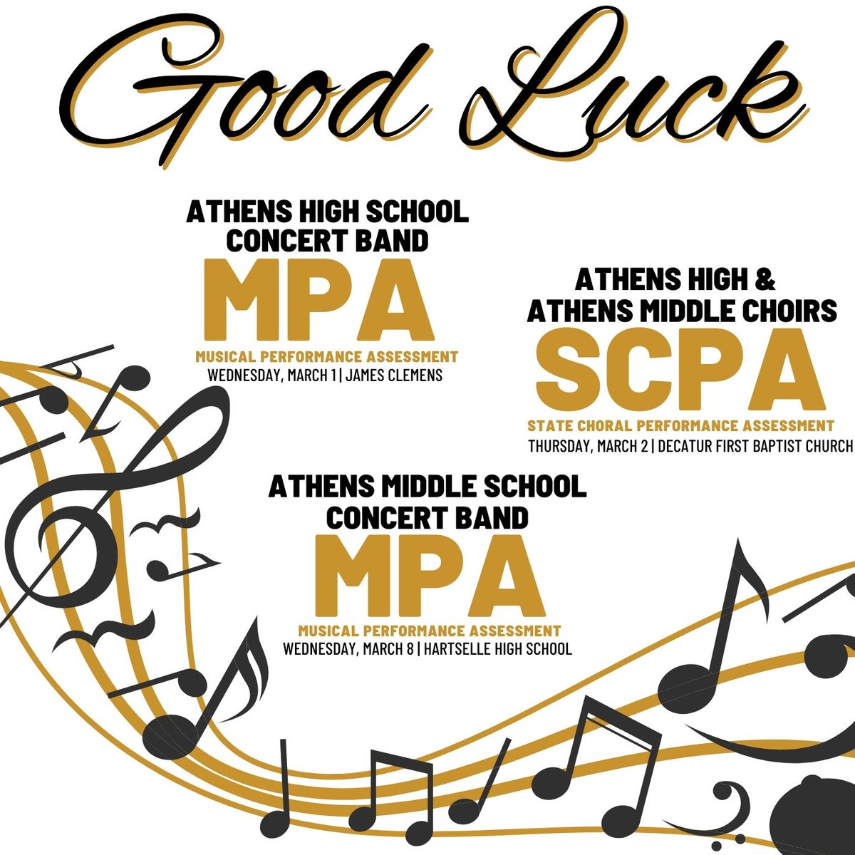AthensALSchools's tweet photo. Good luck to all of our #acsfinerarts #goldeneagles as they take on Performance Assessments over the next week! #goband #gochoir #oneathens @amseagles @AHS_Alabama https://t.co/nNLBll6yPl