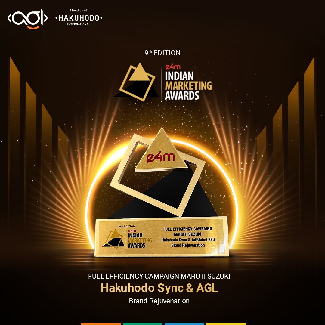 We are excited to announce that we won the 9th edition of the Indian Marketing Awards for the Maruti Suzuki Fuel Efficiency Campaign. Thanks to our team for raising the bar high.

#AGL #MarutiSuzuki #DigitalAwards #HakuhodoIndia #E4MAwards #HakuhodoSync #Award