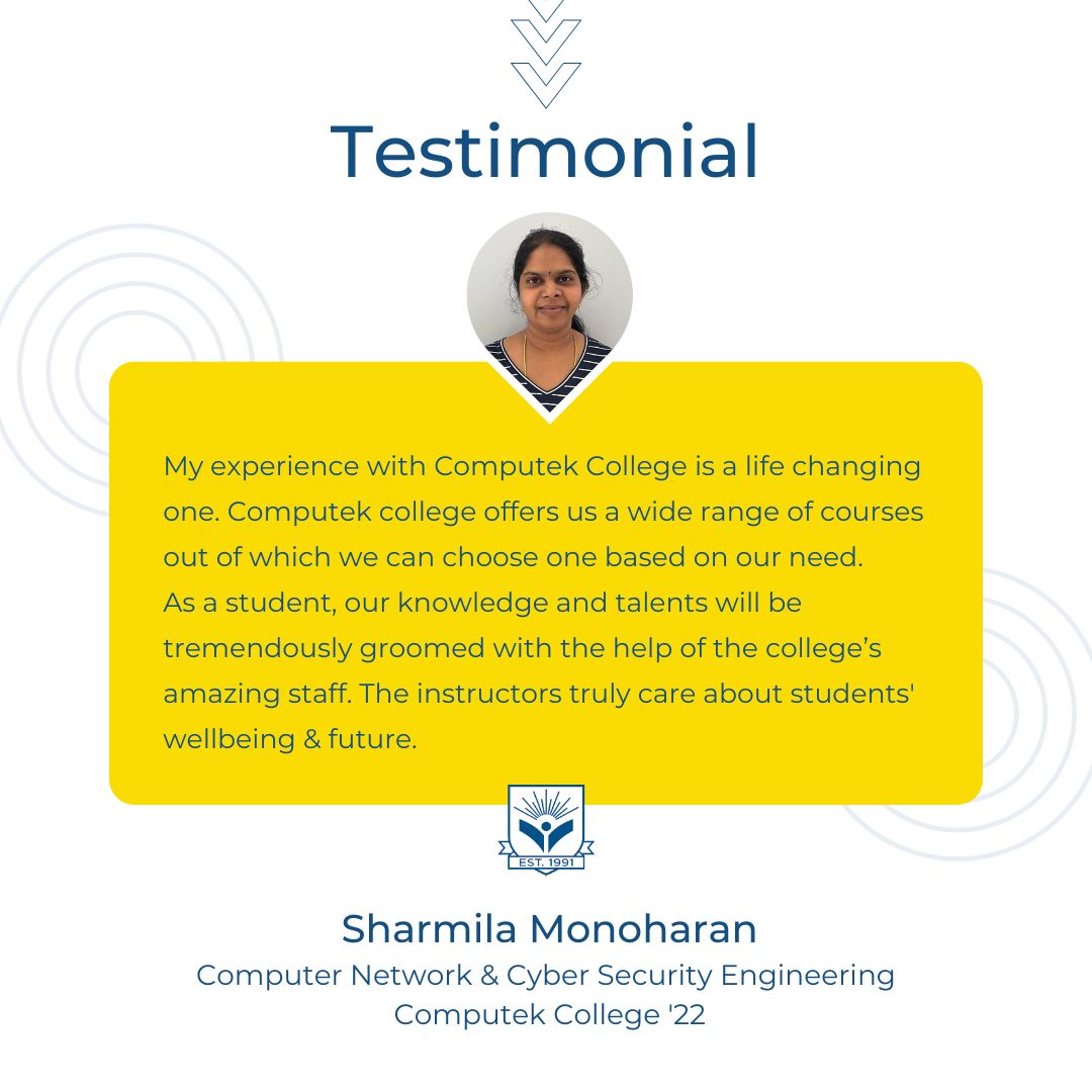 ComputekCollege's tweet image. Talking about her experience at Computek, Computer Network and Cyber Security Engineering student Sharmila Monoharan describes it as “life-changing”.
#Student #Testimonial #ComputerNetwork #CyberSecurity #IT #ComputerEngineer #Immigrant #Immigration #Newcomer #ComputekCollege