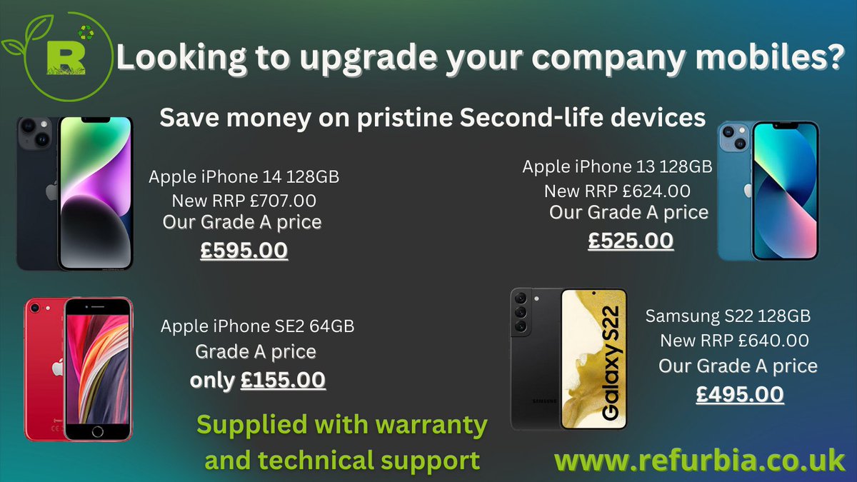 refurbia2's tweet photo. Save money and reduce ewaste when upgrading your business mobiles! #businessmobiles #ewaste #sustainable https://t.co/w9BI3MS0r1