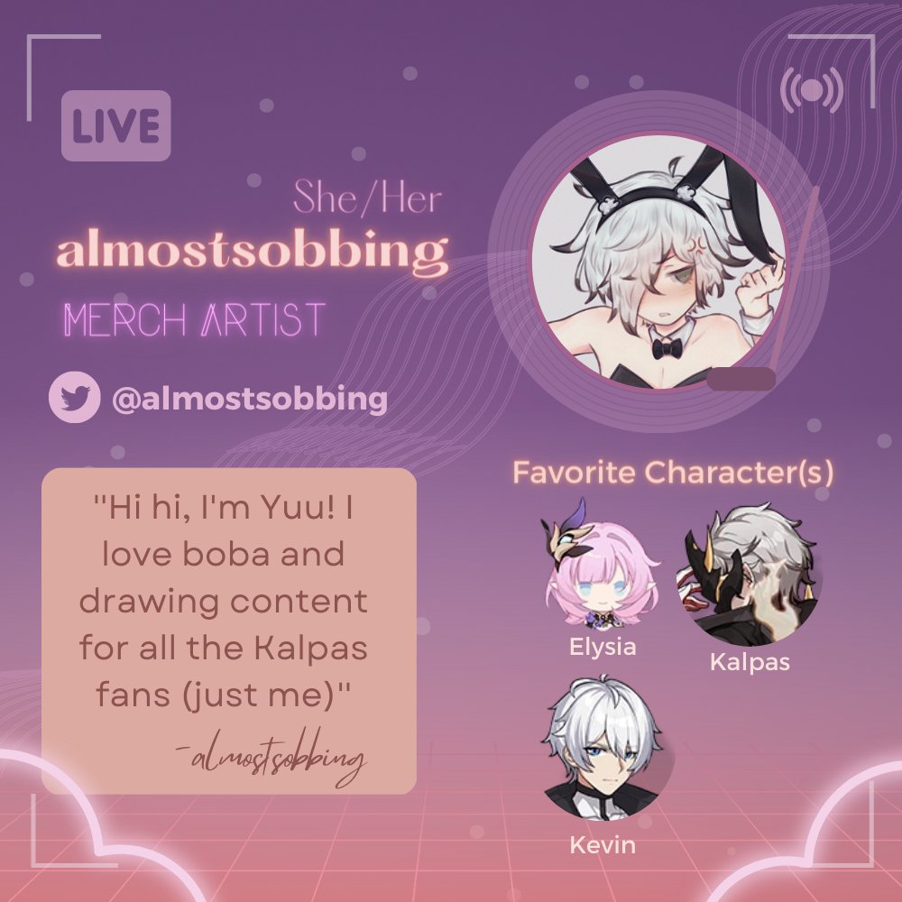 HonkaiStarz's tweet photo. [LIVE NOW] @almostsobbing 
Role: Band Merch Artist

Transcript: "Hi hi, I'm Yuu! I love boba and drawing content for all the Kalpas fans (just me)" https://t.co/V8Z6CJS10b