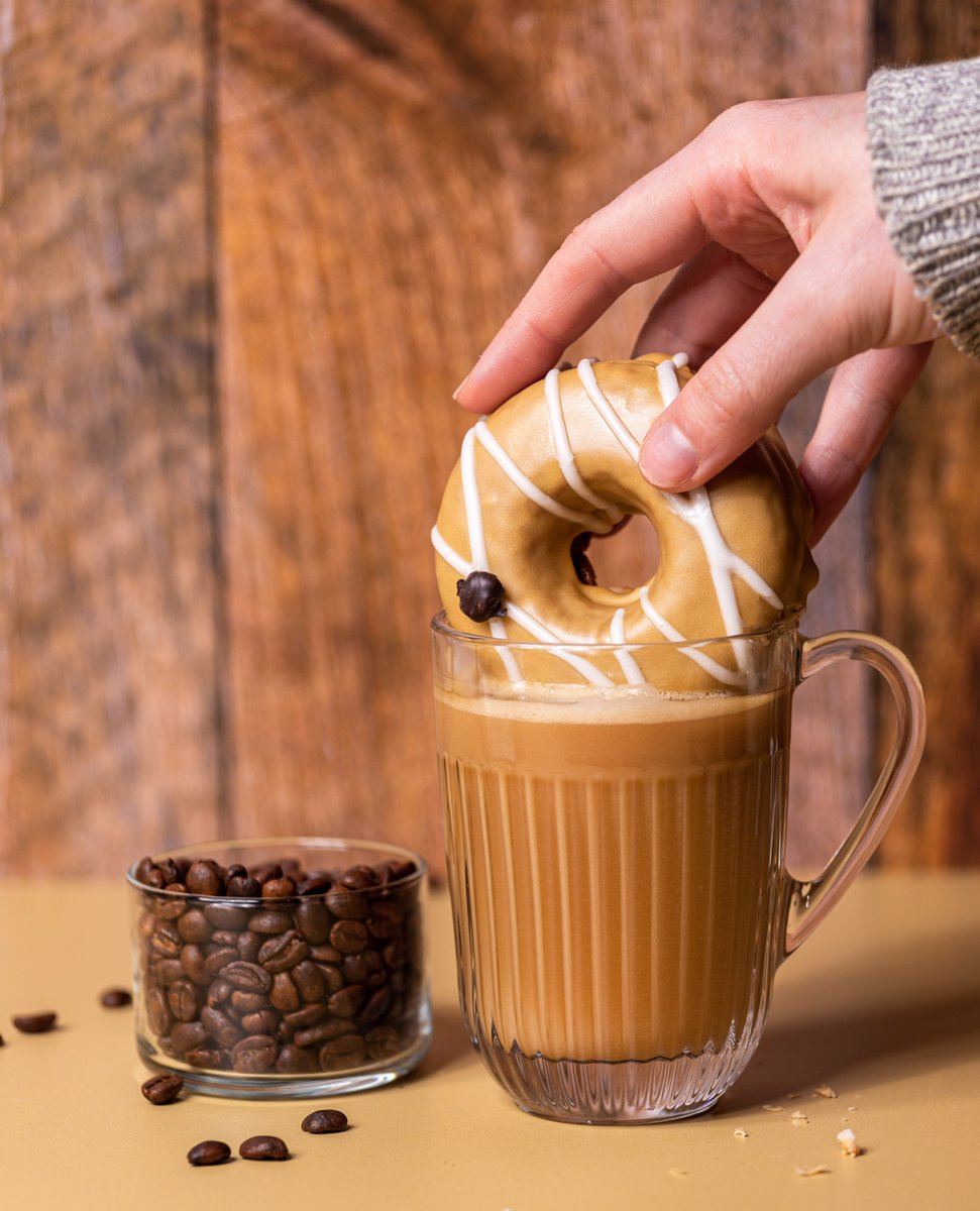 Wake up with a #coffee... ⁠
Make that an #IrishCoffee...⁠
Make that an #IrishCoffeeDonut!!!! 🍩🥃⁠☕️⁠
⁠
A baked coffee cake donut, topped with a whiskey coffee glaze, Baileys Almande drizzle and a chocolate covered espresso bean (V/GF. Contains alcohol, soy &amp; almond).