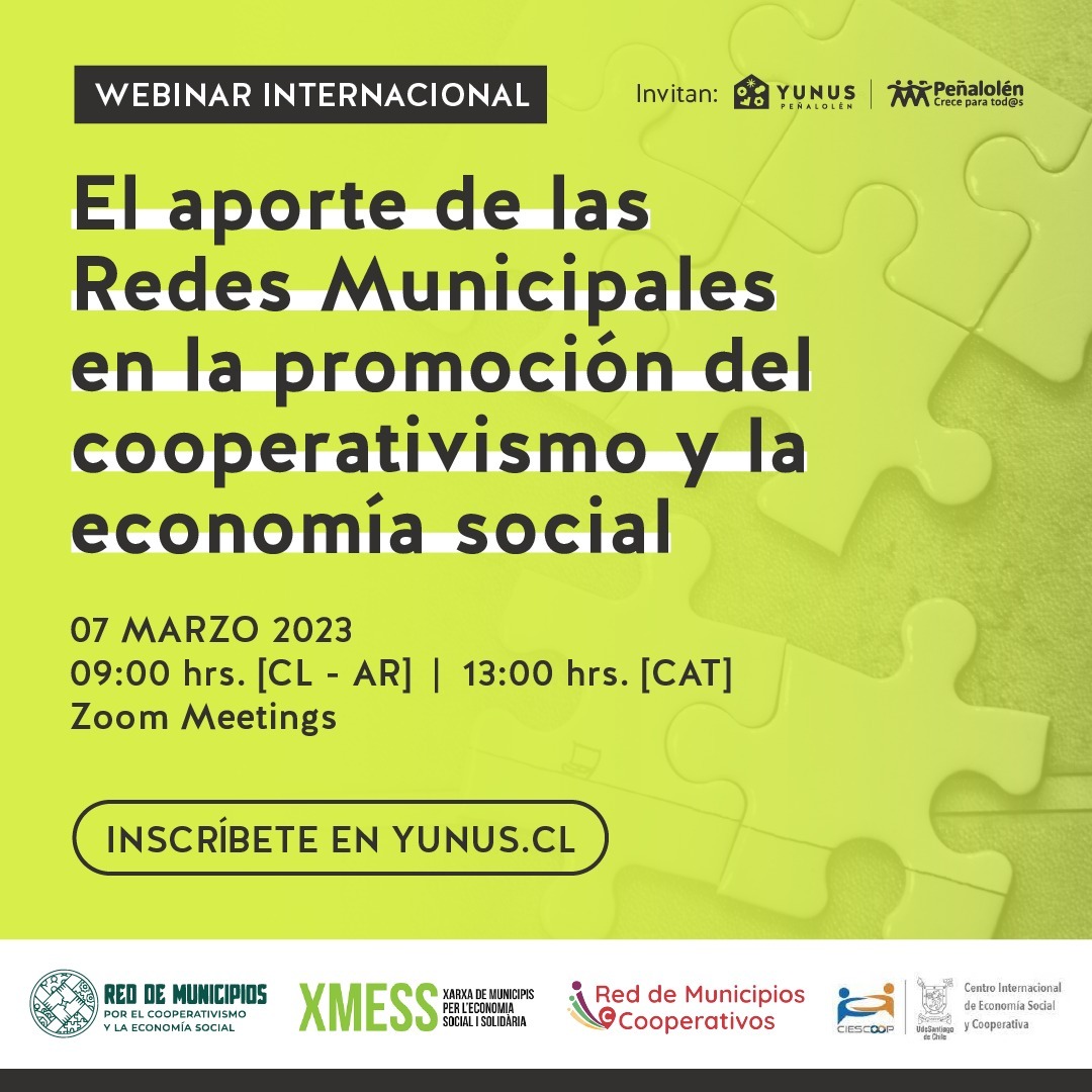 🔵 Las redes municipales son vitales para promover la cooperación y la economía social en los territorios, por eso te invitamos a participar en este webinar internacional, organizado por <a href="/CIESCOOP/">CIESCOOP</a>, inscripciones y mayor información en 👇
yunus.cl