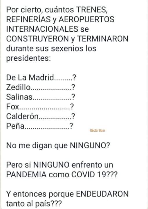 Con AMLO 🇲🇽:

- Tren Maya.
- AIFA.
- Dos Bocas.
- Carreteras y caminos rurales.
- Hospitales.
- Bancos del Bienestar.
- Escuelas y Universidades.
- Tren del Istmo.
- Presas.
- Guardia Nacional.
- Revocación de Mandato.
- IED récord.
- Dólar a la baja.
- Gasolina estable.
- Tesla.