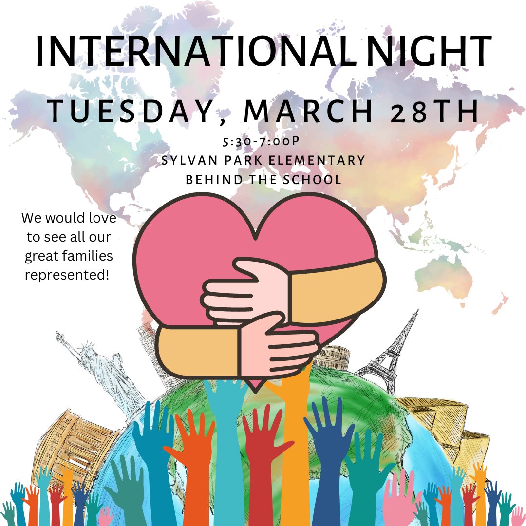 Save the date for the return of Sylvan Park's beloved International Night on Tuesday, March 28 from 5:30-7p! Would you like to share your family's heritage with our school community? We would love to have you sign up at bit.ly/3mf4SFn by March 10.