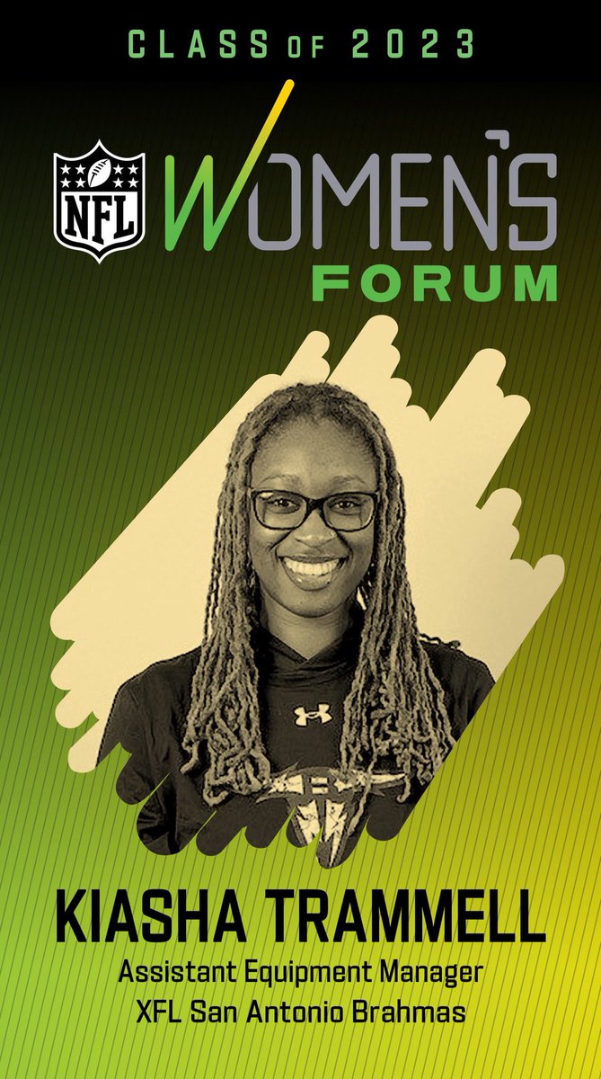 Kiasha Trammell
@IMKYKY4 

- XFL Brahmas Assistant Equipment Manger 
- NSU Director of Equipment Operations 
- East West Shrine Bowl 2022 Equipment Team 
- 1st Female Equipment Manger in UAPB Football History

#WeAreWomenLeaders @NFL 
@WomenLeadersCS @XFLBrahmas