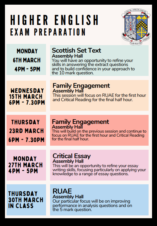 Higher English pupils: make sure you're exam ready with these targeted study classes in March. We have three sessions for pupils and two family sessions where parents/carers are invited to come along and gain an insight into the demands of the exam. #parentalengagement #examready