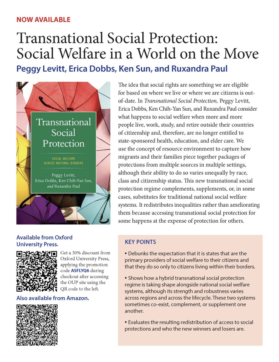 My new co-authored book, Transnational Social Protection, was just published by OUP. We propose a new approach to considering and conceptualizing social protection and precarity in a transnational setting. Please recommend it to your library. The poster has a discount code.