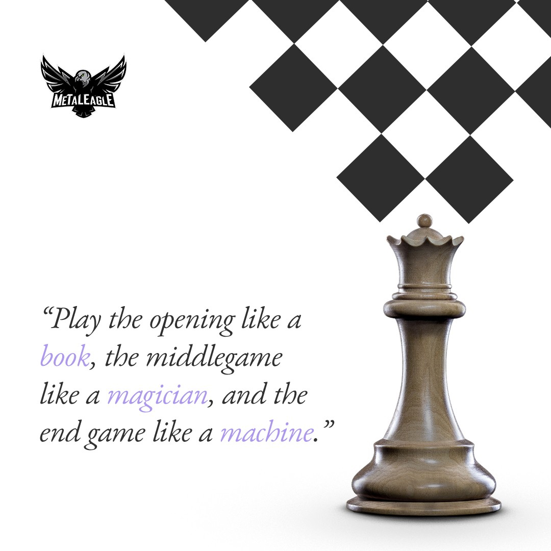 MetalEagleChess's tweet photo. Play the opening like a book, with the knowledge and strategy to set the stage for victory. Then, enter the middlegame like a magician, weaving your pieces into an unstoppable force. https://t.co/OcIy5fYtcn