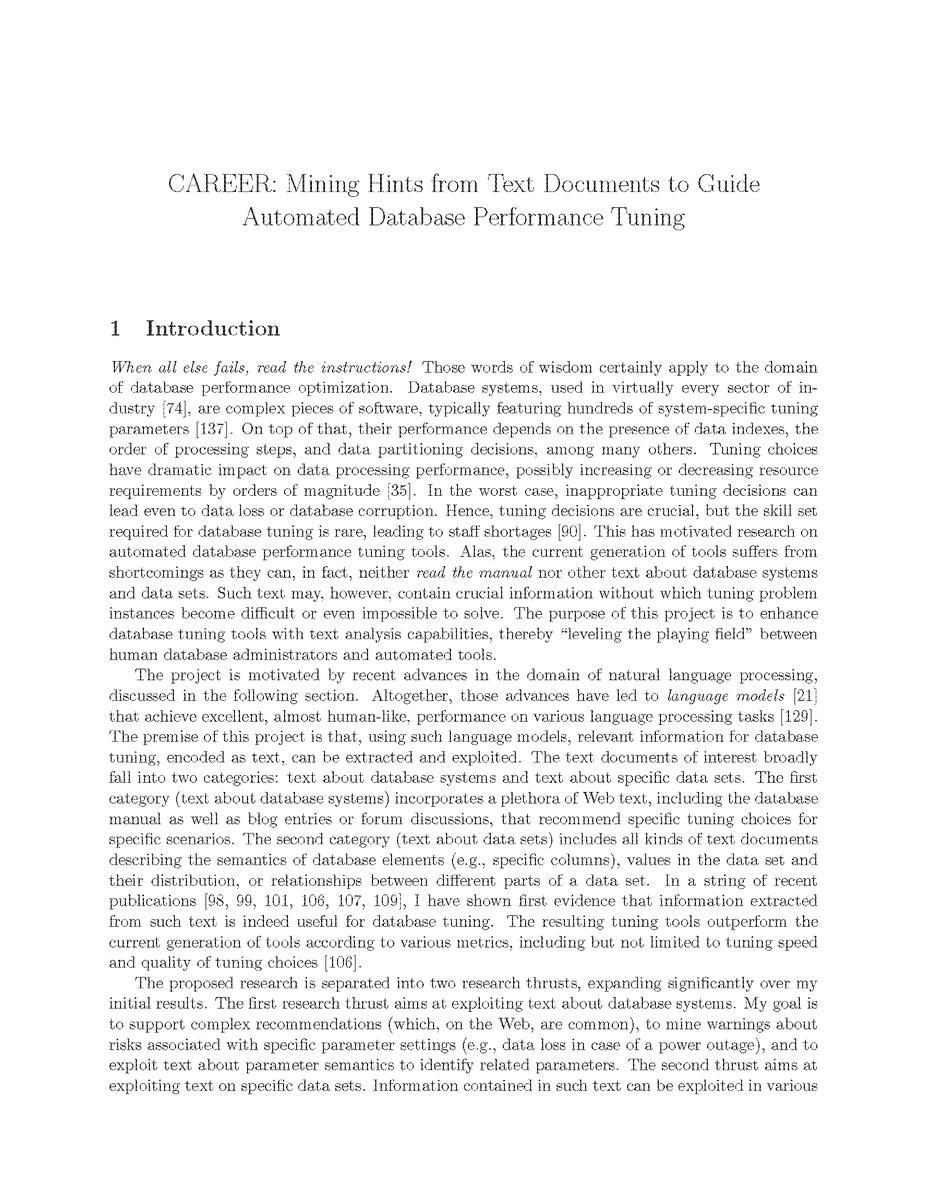 Immanuel Trummer (@immanueltrummer) on Twitter photo 🎉🎉🎉 Incredibly happy to announce that my CAREER Award
"Mining Hints from Text Documents to Guide Automated Database Performance Tuning"
has just been accepted by <a href="/NSF/">U.S. National Science Foundation</a>!
So grateful to everyone, students and colleagues, who made this possible!
#LanguageModels #Databases #NLP 🎉🎉🎉 Incredibly happy to announce that my CAREER Award
"Mining Hints from Text Documents to Guide Automated Database Performance Tuning"
has just been accepted by <a href="/NSF/">U.S. National Science Foundation</a>!
So grateful to everyone, students and colleagues, who made this possible!
#LanguageModels #Databases #NLP