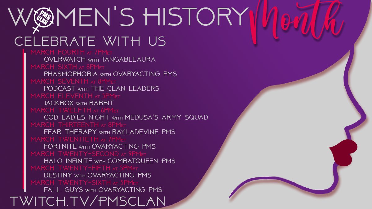 PMSClan's tweet photo. We are celebrating #WomensHistoryMonth by hosting events ALL MONTH long! Don't miss out on these gaming lobbies with PMS Members!

RSVP in our discord: https://t.co/0scVbb2uhb https://t.co/3BPJxMtIDp