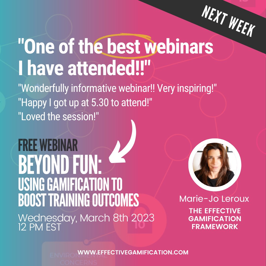 Free #gamification #webinar for #instructionaldesigners next week! 

Learn: 
- The ingredients of engagement that games use to transform newbies into experts.
- How to apply these tactics to your #elearning.

Register here: bit.ly/3wgwGuQ
#instructionaldesign