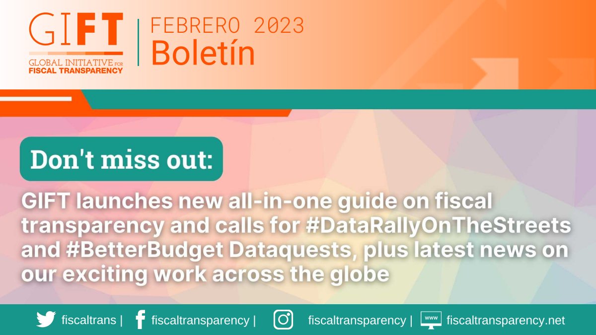 FiscalTrans's tweet photo. 📬Nuestro boletín de febrero ya está aquí
GIFT lanza una nueva guía con todo lo que hay que saber sobre #transparenciapresupuestaria y convoca a los #DataRally & #Dataquest ++ las últimas noticias sobre nuestro trabajo en todo el🌍.
¡No te lo pierdas!👇
https://t.co/W0KadYXZi9 https://t.co/lePh0YrhlB