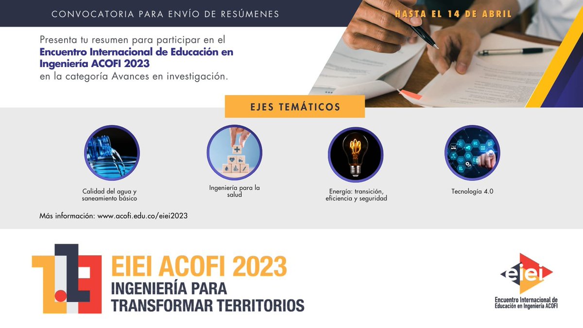 Una manera de transformar territorios es a partir de la investigación aplicada. Participa en  nuestra convocatoria en la categoría de Avances en investigación y comparte tu producción intelectual con grupos de interés. #EIEIACOFI2023.
#SomosAcofi
#SomosIngeniería