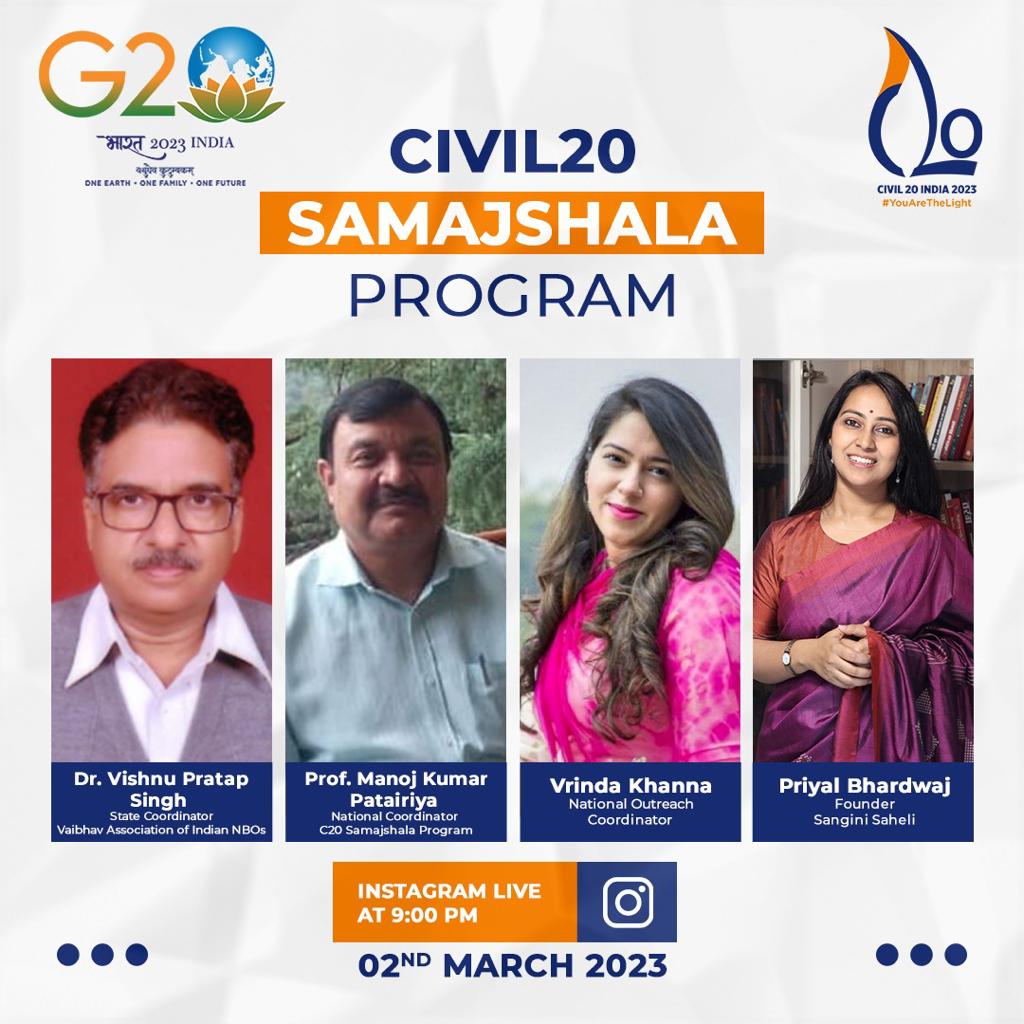 C20Samajshala's tweet photo. @C20Samajshala will be organizing a Discussion on Spirit of Volunteering: Role of Civil Society Organisations on @instagram Live. All are welcome to join and participate by sharing your inputs. https://t.co/hSfTfjAocT