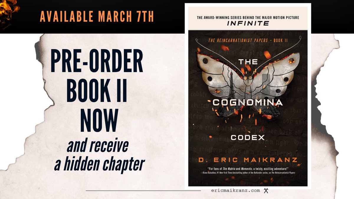 EricMaikranz's tweet photo. Pre-Order The Cognomina Codex now and get a hidden chapter before anyone else can read it! The sequel to The Reincarnationist Papers is available March 7th. 
https://t.co/1bIILxXISE

#NewBookLaunch #TheCognominaCodex #TheReincarnationistPapers #BookSequel #DEricMaikranz https://t.co/OYbJS0NykI