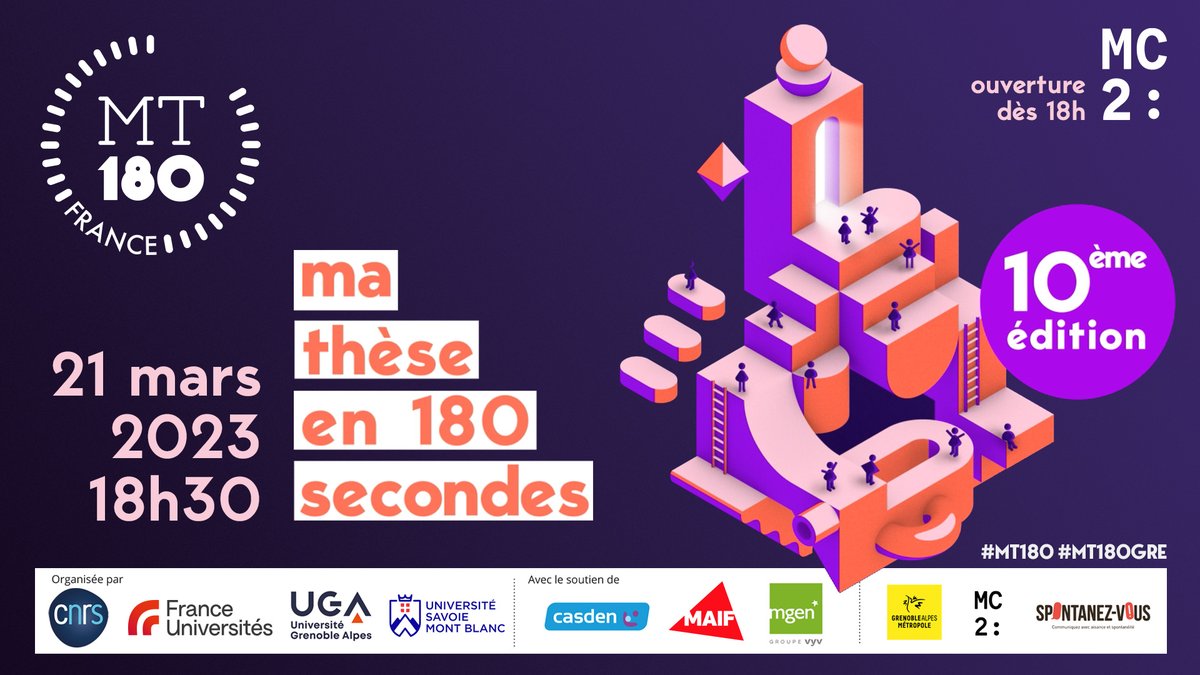 <a href="/MT180FR/">MT180</a> // Ma thèse en 180 secondes : Découvrez les thèses des 16 finalistes <a href="/UGrenobleAlpes/">Université Grenoble Alpes</a> et <a href="/Univ_Savoie/">UnivSavoieMontBlanc</a> lors de la Finale Académie de #Grenoble !
📅 Mardi 21 mars à la  <a href="/MC2Grenoble/">MC2: Grenoble</a>
⚠️Réservez vos places à partir du 7 mars !
➡️ bit.ly/3KOjCVU