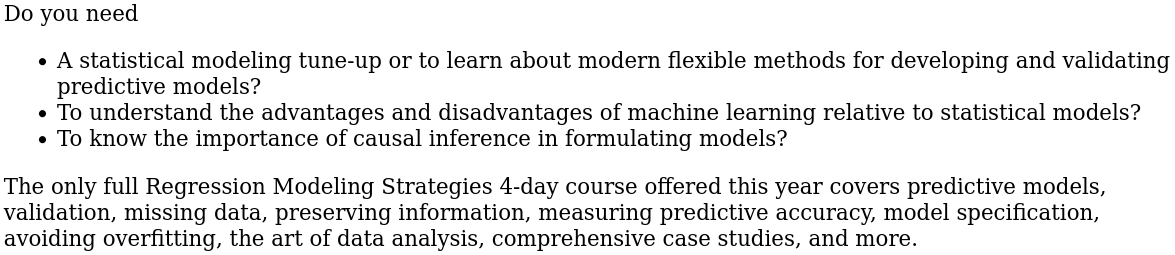 f2harrell's tweet photo. Regression Modeling Strategies 4-day virtual course May 16-19 taught by myself and @DrewLevy is now open for registration at https://t.co/FGeMeu5YjH #rmscourse @vandy_biostat @VUDataScience @EdgeforScholars #StatThink #Statistics https://t.co/aZSqUXL8wi