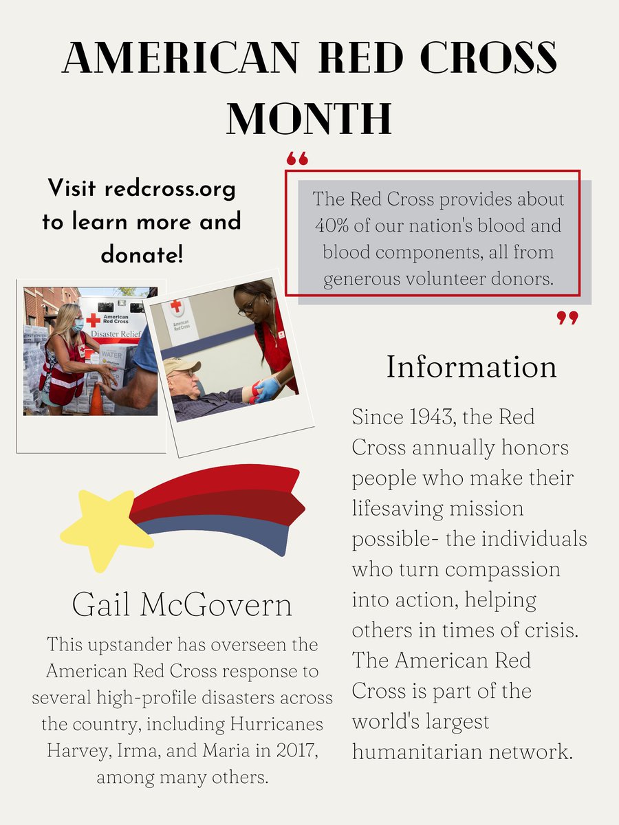Today marks the start of the 80th annual American Red Cross Month! Every March, they honor the people who help make their mission possible- volunteers, blood donors, and more. Visit redcross.org to financially donate, give blood, volunteer, or learn lifesaving skills!