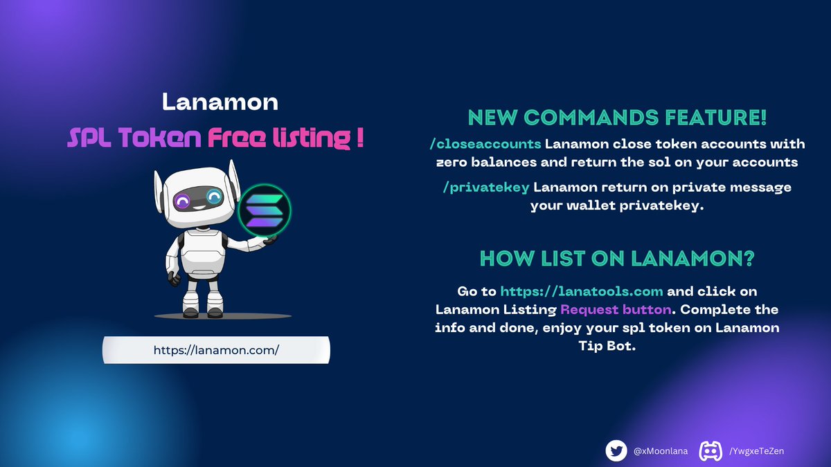 xMoonLana's tweet photo. Lanamon @lanamonBot SPL #solana Free Listing

Close account, get your private key with a simple commands and more. https://t.co/uRwFMqbLoS
